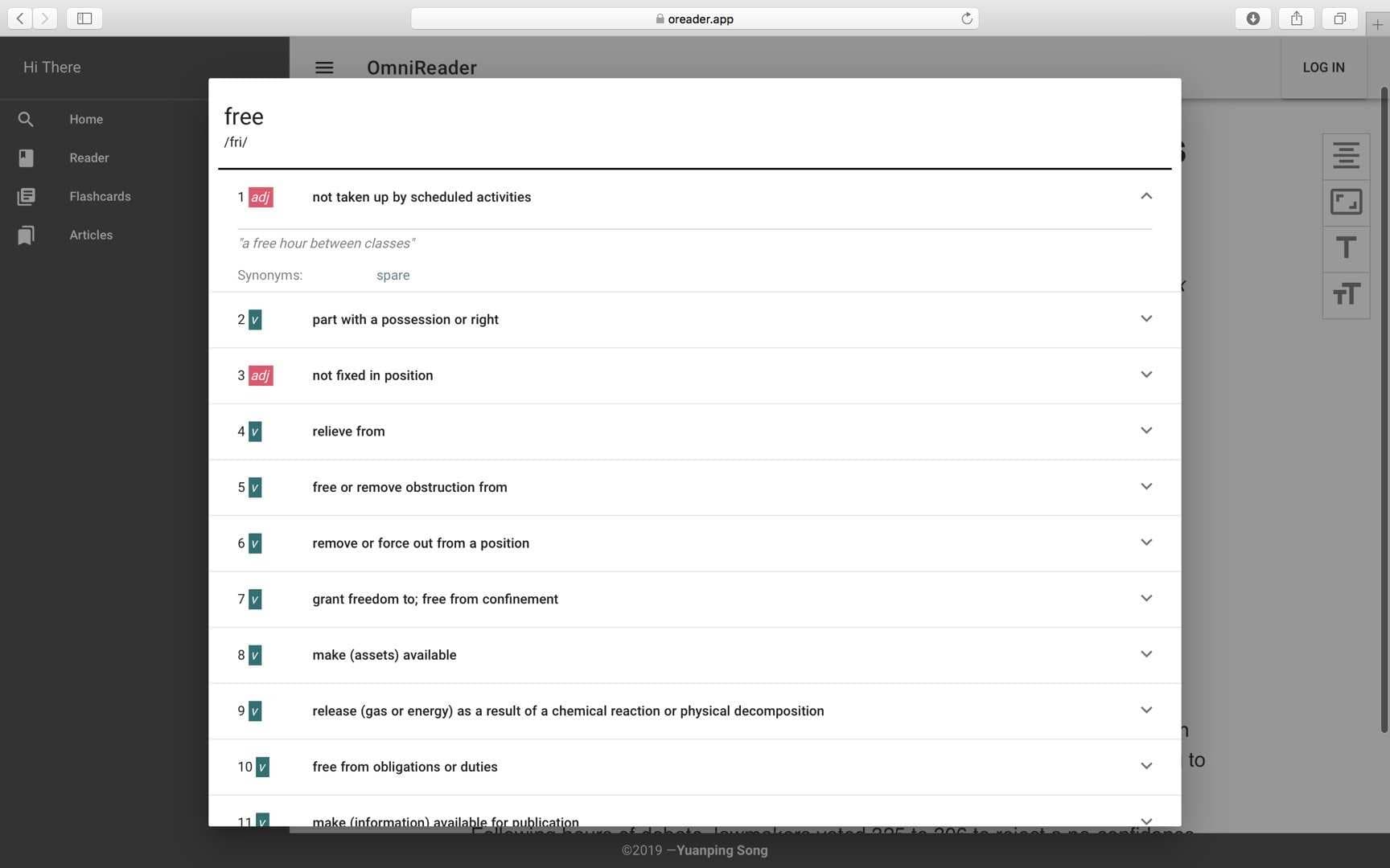 OReader dictionary view