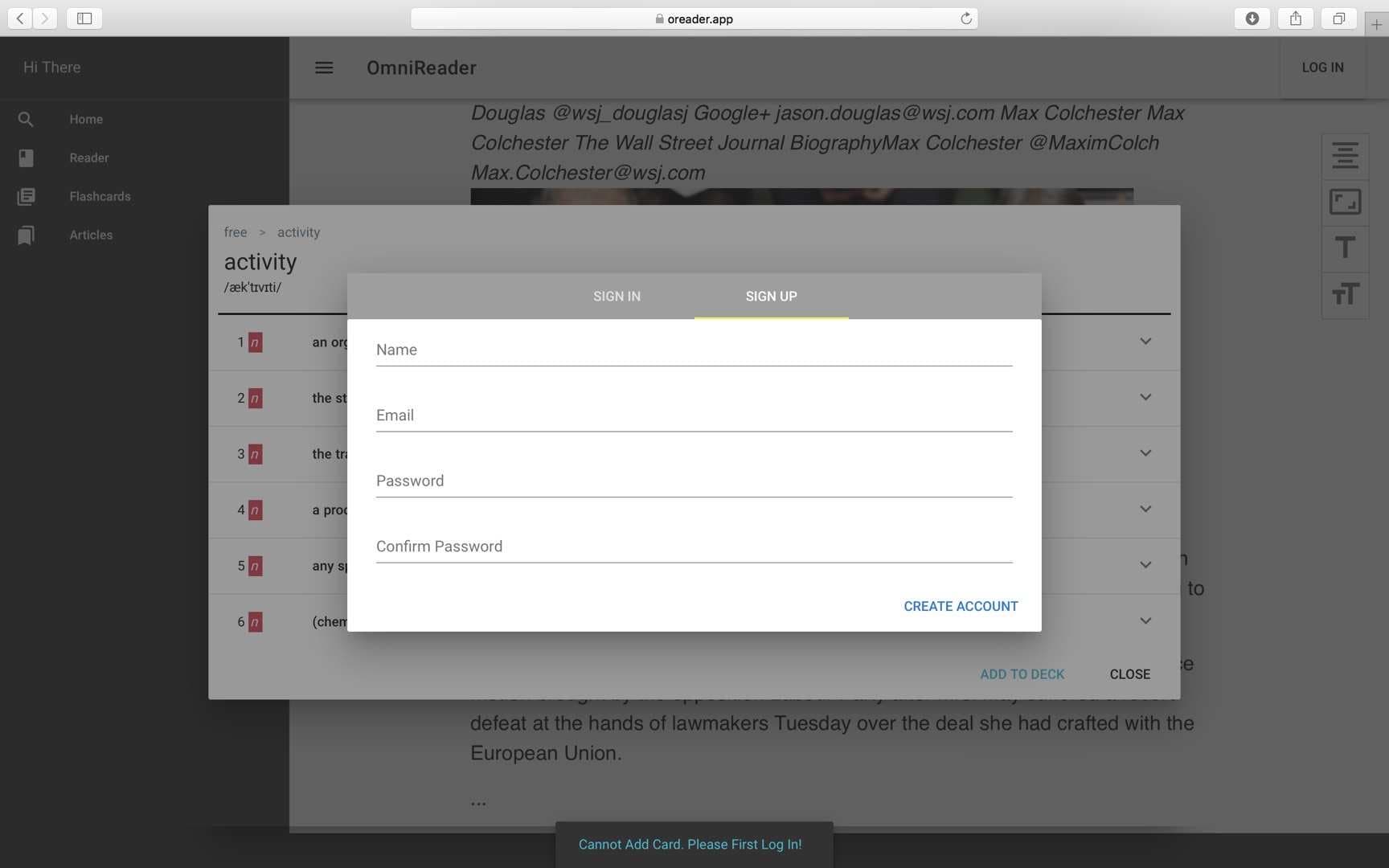 OReader sign up interface